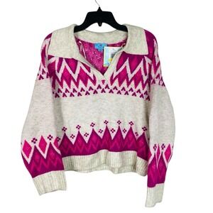 CeCe Women's Medium Collared Fair Isle‎ Sweater Beige/Magenta Long Flare Sleeve